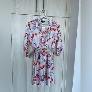 Summer satin belted mini dress with midi balloon sleeves